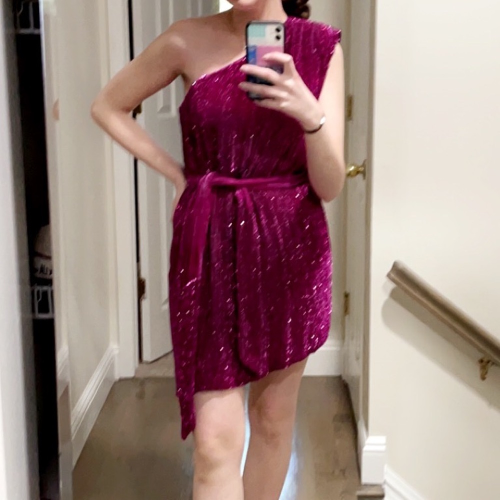 Eggplant color retrofete Ella one shoulder sequined chiffon mini dress